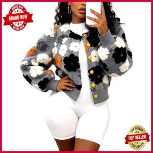 Cropped Floral Bomber Jacket Fleece Varsity Puff Sleeve Button Down Outerwear